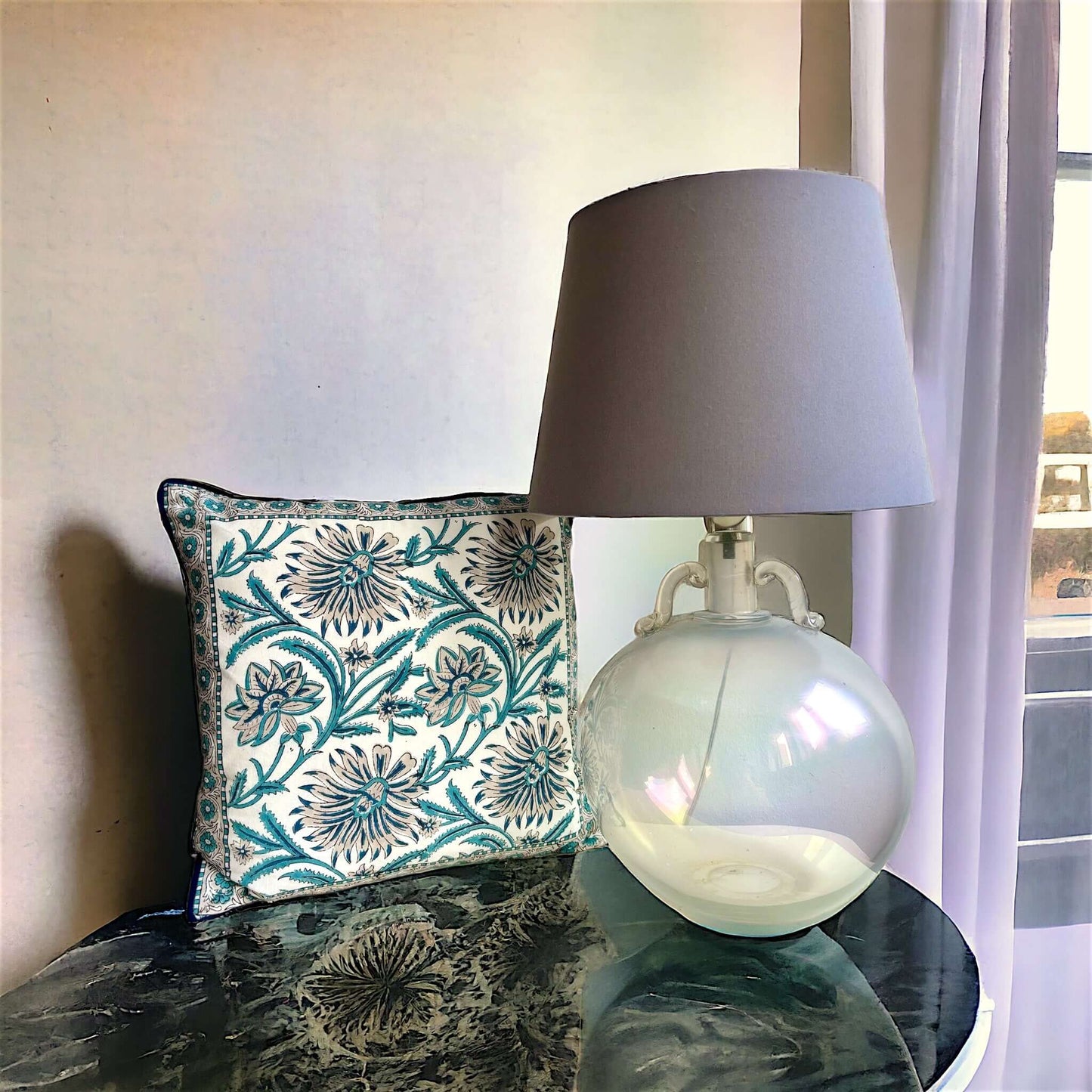 Copricuscini 40x40 in cotone stampato con blockprint, double-face, verde acqua, blu e tortora