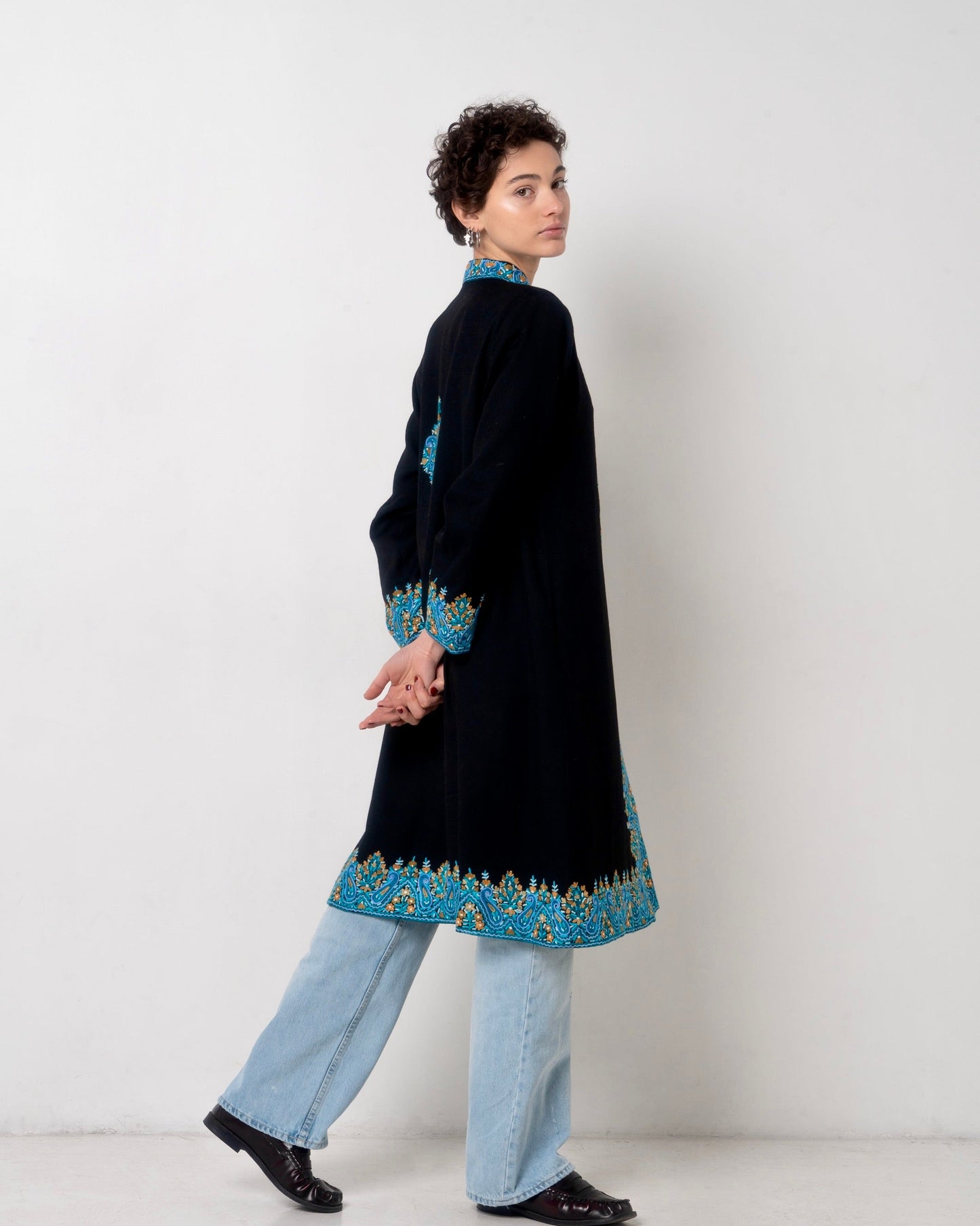 Ari embroidery detail on Marigold coat