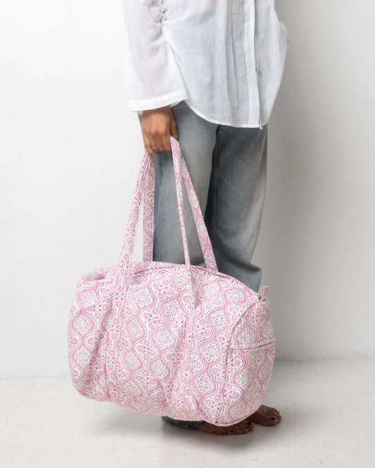 Borsa da weekend rosa stampata a mano