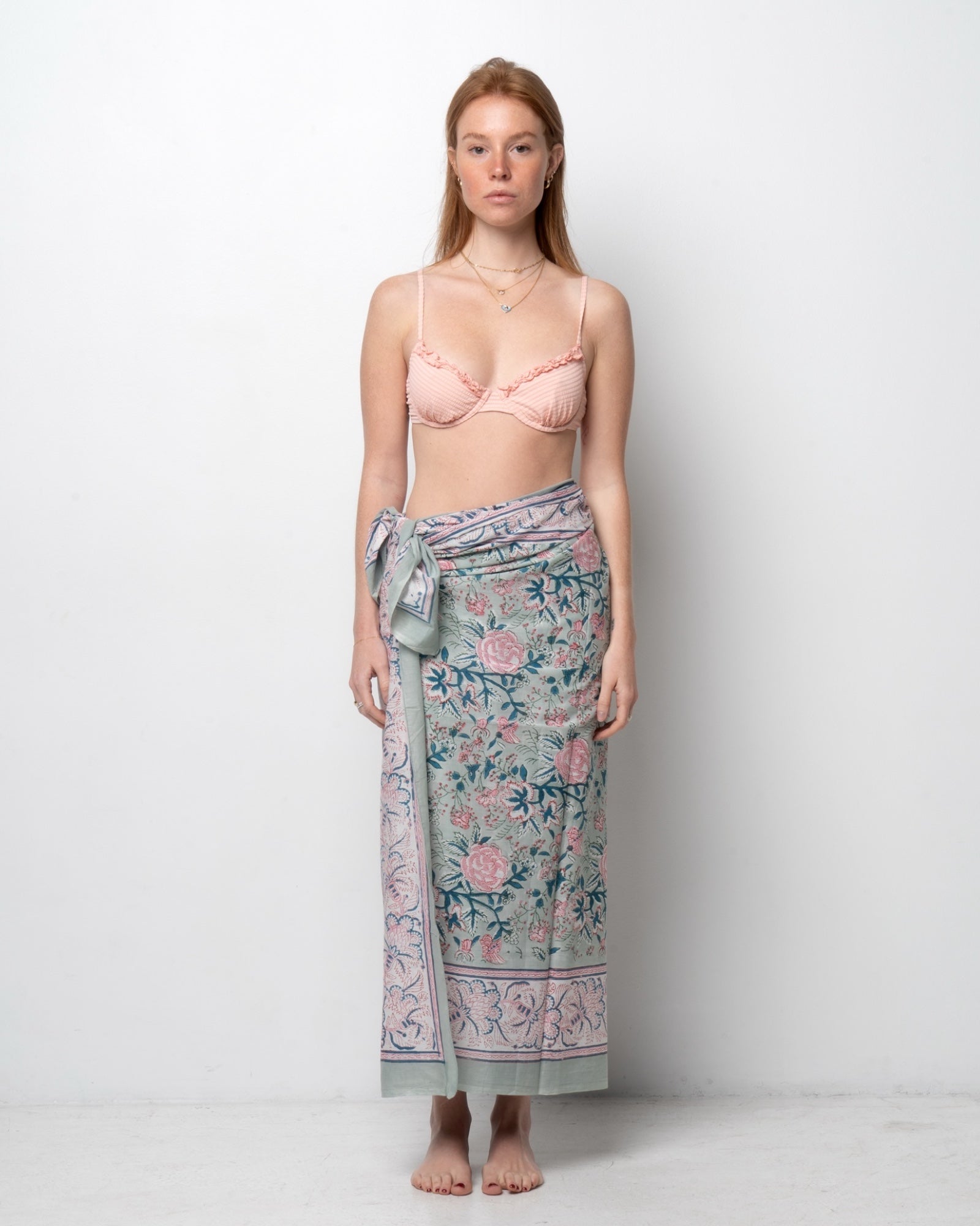 Copricostume drappeggiato rosa e verde acqua