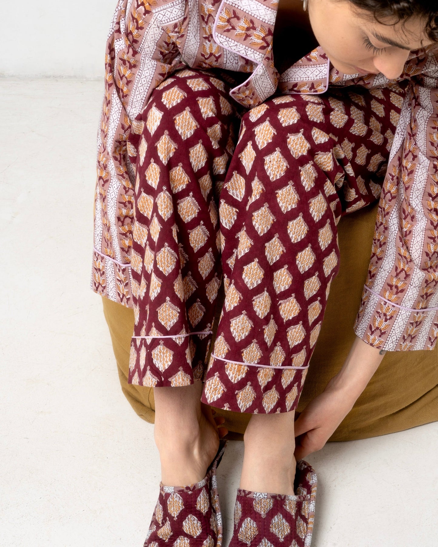 Catherine – women’s long striped burgundy pajama set