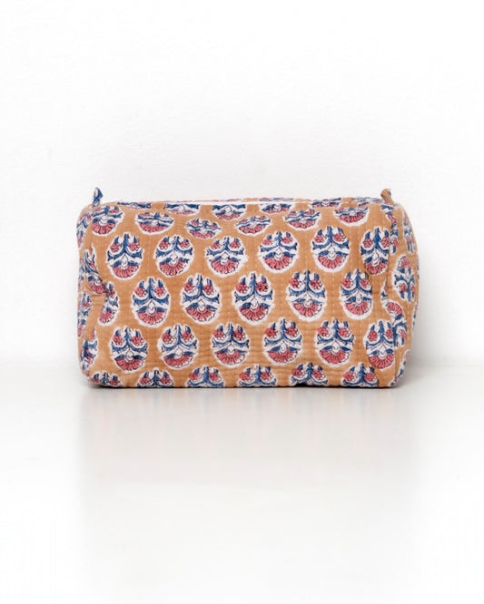 Beauty case medio arancione pesca e rosa, stampato a mano con tecnica blockprint.