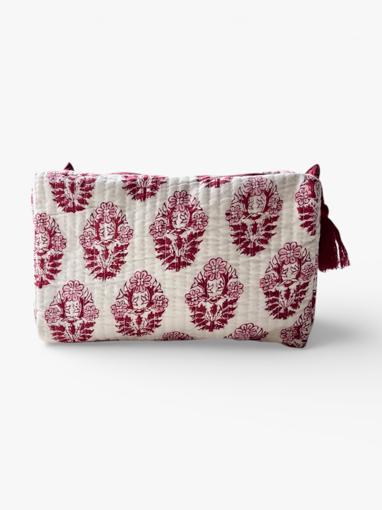 Beauty case in cotone blockprint, rosso e rosa.