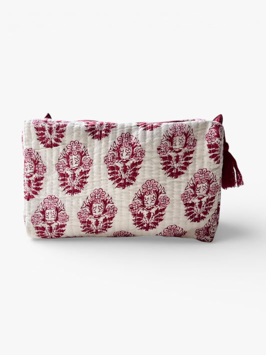 Beauty case in cotone blockprint, rosso e rosa.