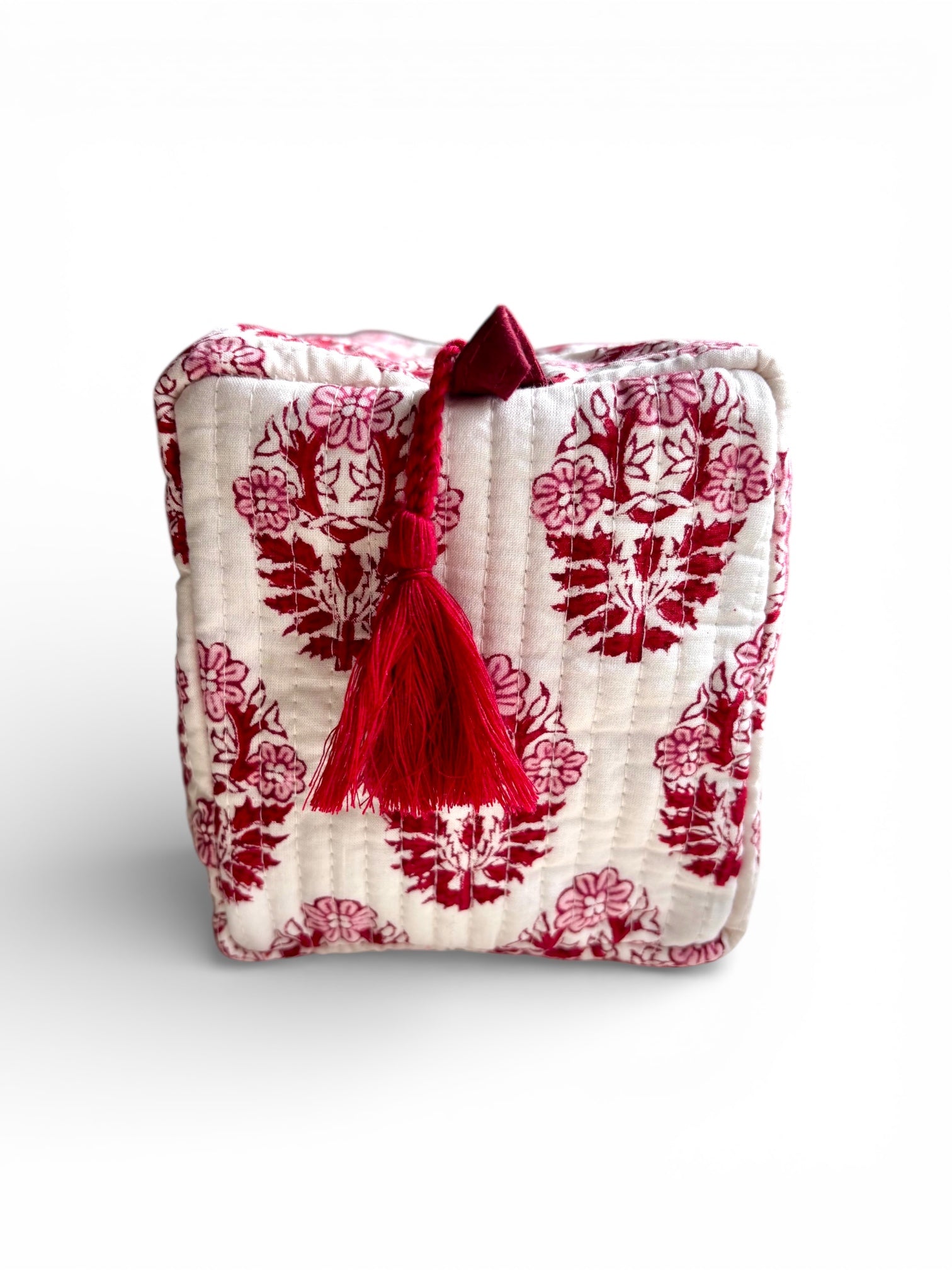 Beauty case da viaggio in cotone rosso e rosa