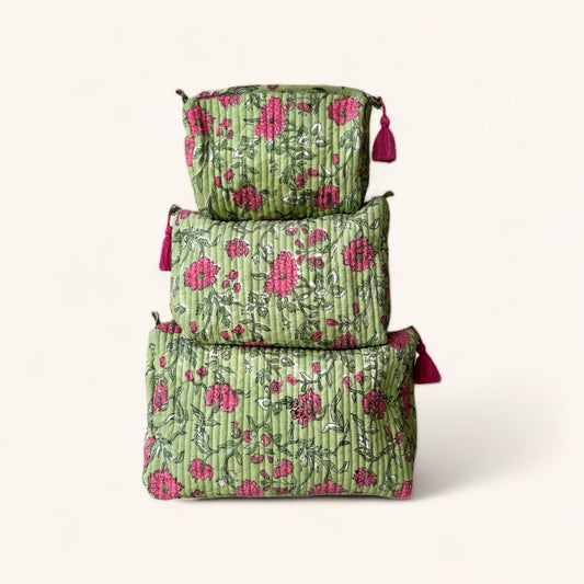 Blossoming - hand block-printed set of toiletry bags