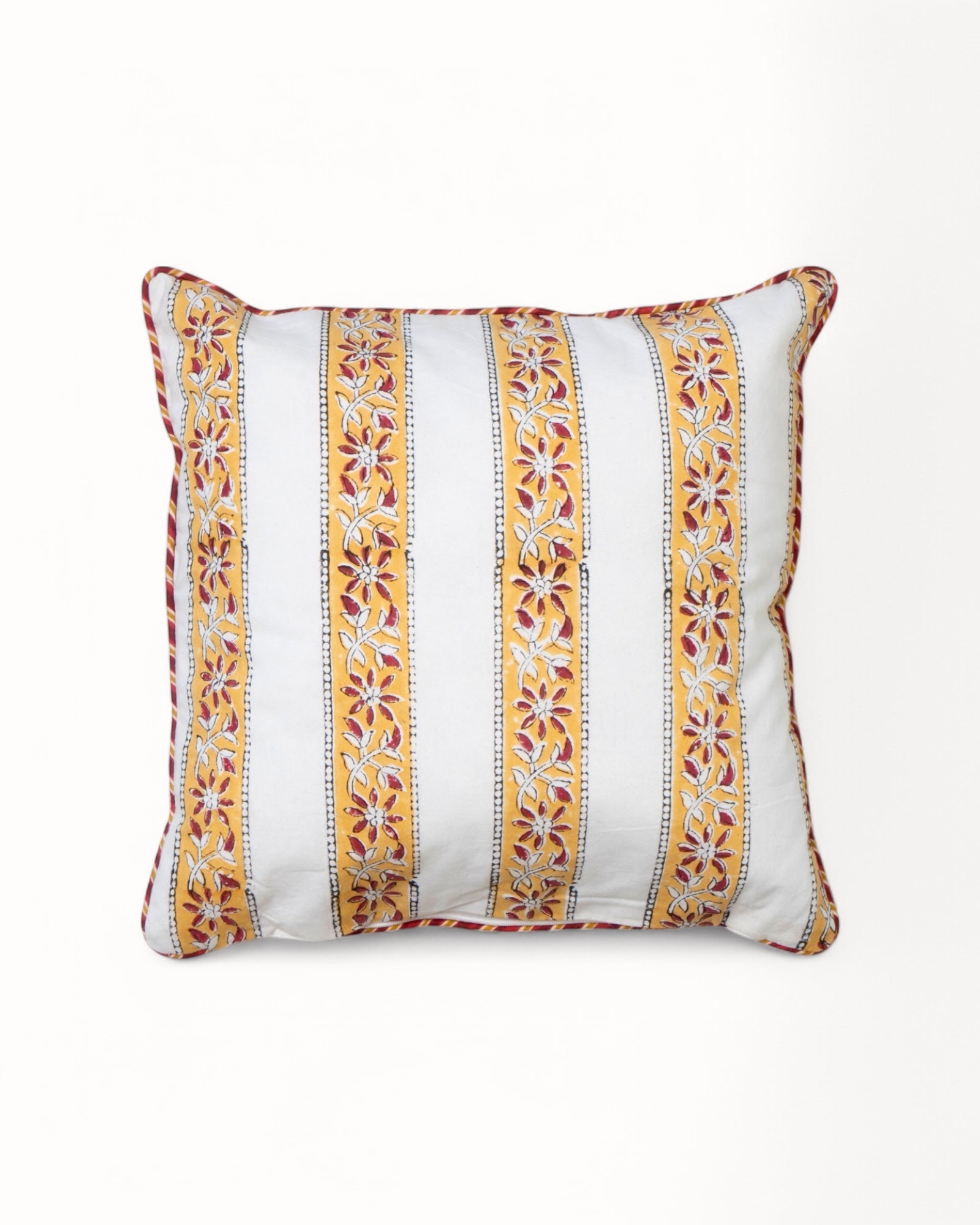 Reversible cotton cushion cover with intricate striped floral pattern and top zip closure, ideal for patio or garden furniture.