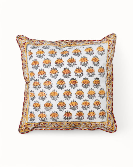 Elegant outdoor cushion cover with yellow and burgundy floral motifs on a white background, perfect for refined decor.