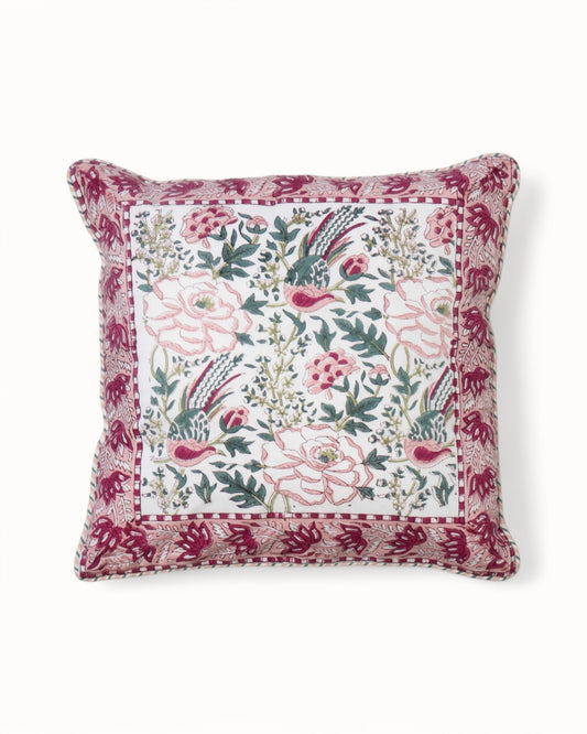 Romantic floral cushion cover 40x40 – Blush pink and cyclamen flowers on white fabric.