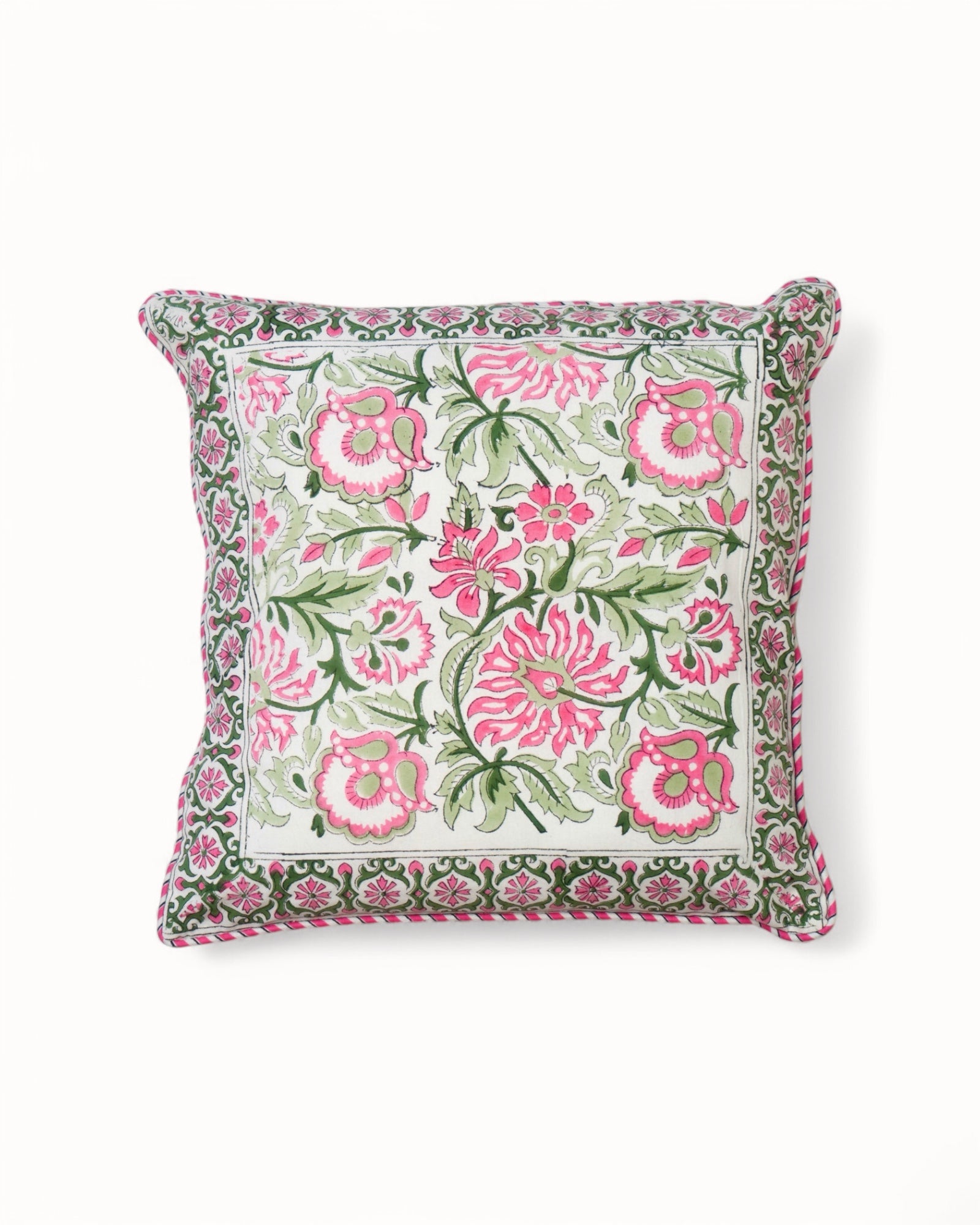 Floral cushion cover with pink and green botanical design – A romantic and sophisticated decorative cushion cover featuring a vibrant pink floral explosion with deep forest green and sage tones.