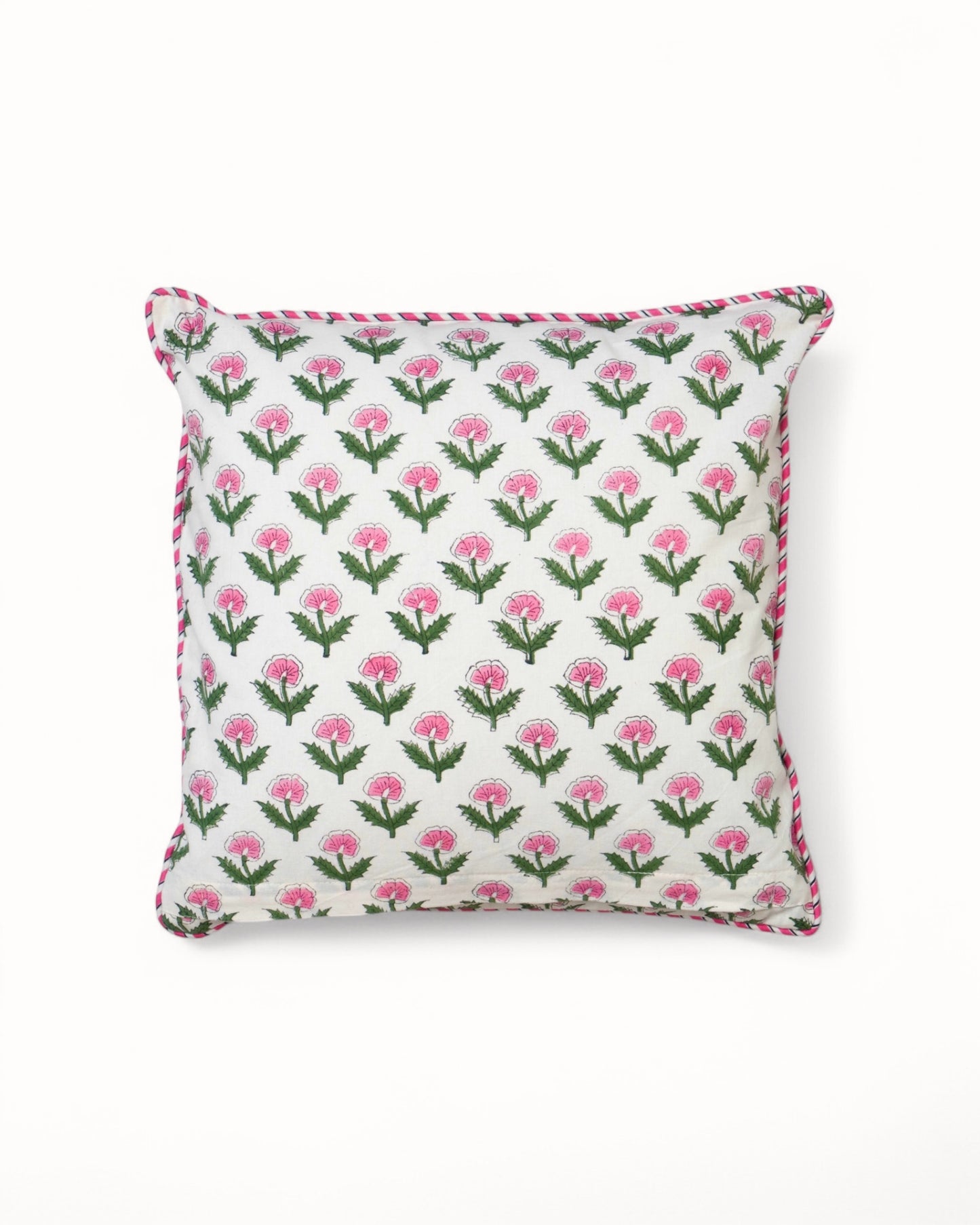 Elegant cushion cover with delicate flower pattern – A refined cushion cover showcasing a soft floral design on the back, complemented by a pink and white decorative border.