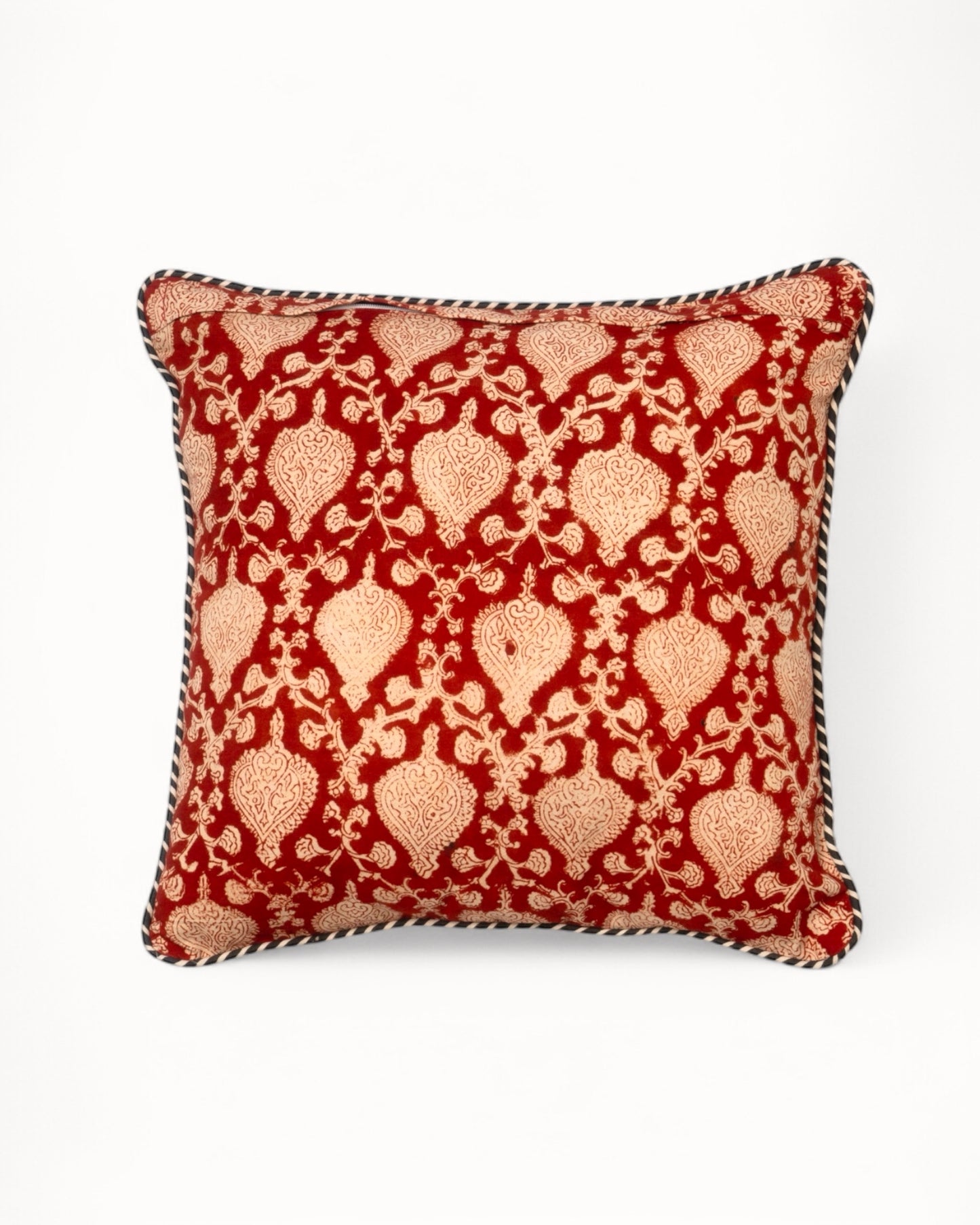 Cotton throw pillow cover with contemporary red, black, and beige geometric print.