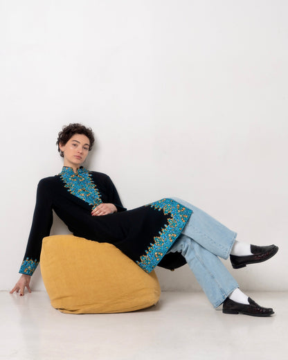 Long wool coat with turquoise and orange embroidery