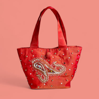Red hot chili paisly – borsa Swarovski da sera in taffetà ricamata a mano