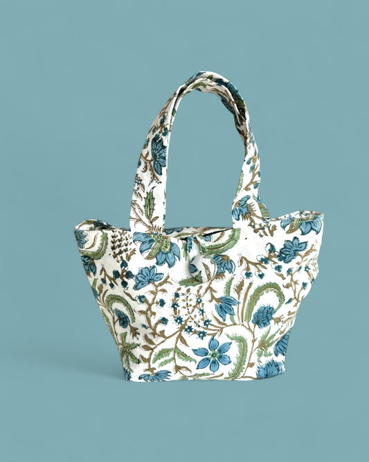 Borsa blockprint floreale blu e verde
