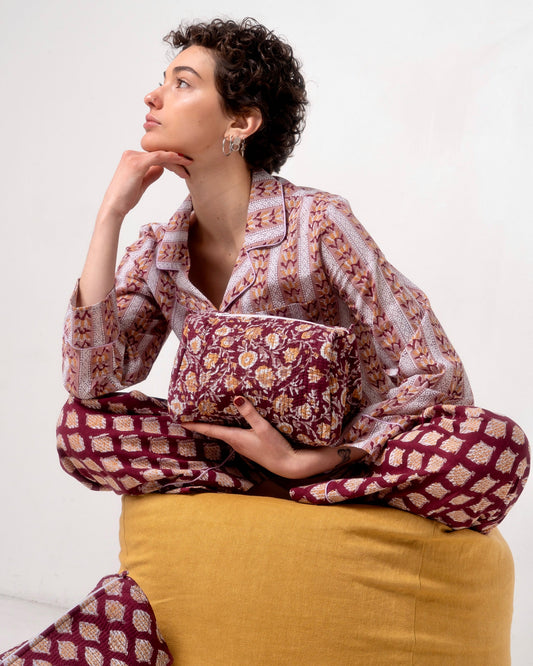 Completo pigiama donna rosa antico e prugna con accessori coordinati