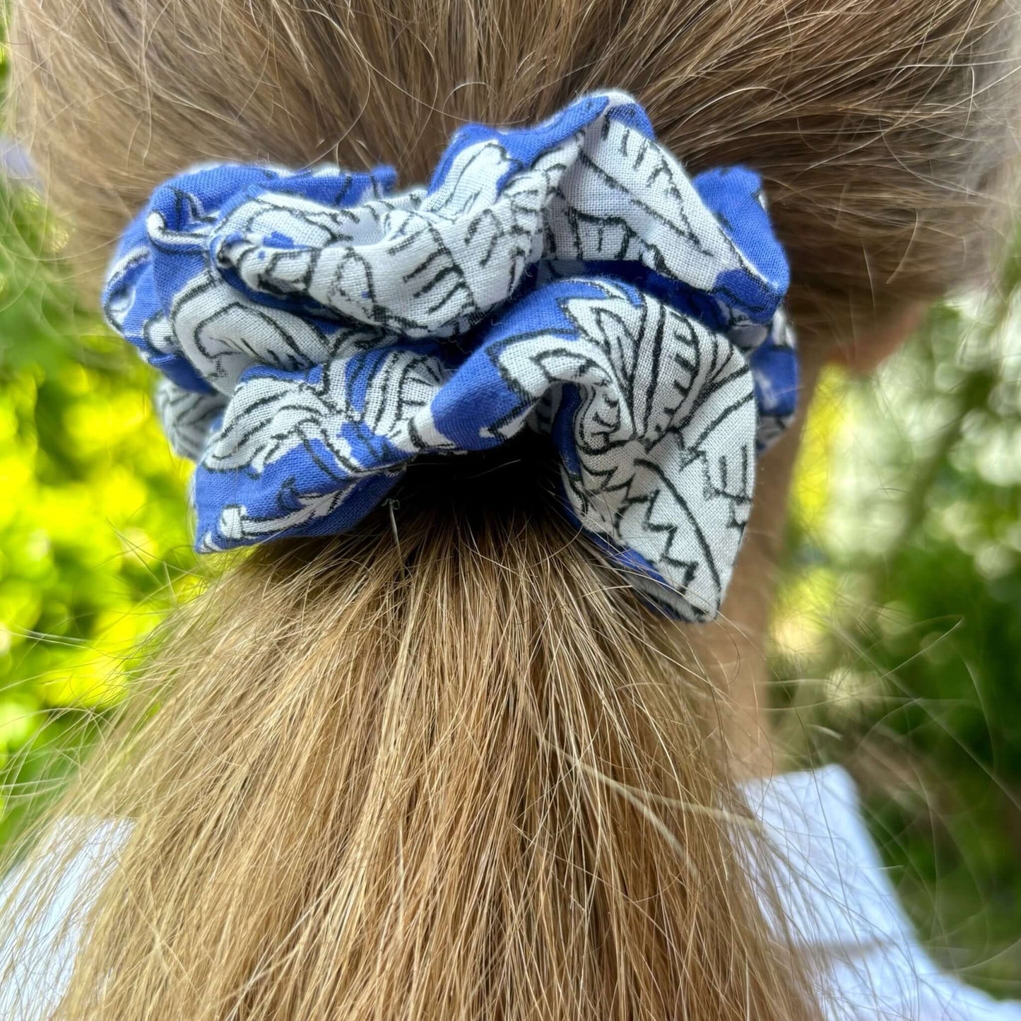 Handmade cotton scrunchie, blue with white flowers