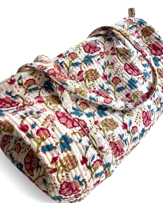 Borsone cotone blockprint fiori rosa e blu